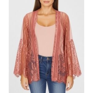Xhilaration Womens XS Dusty Rose Lace Sheer Kimono Bell Sleeve Cardigan